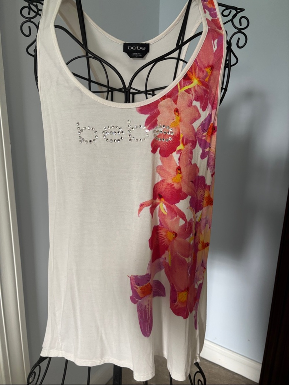 bebe White Tank with Pink Floral Side and Crystal Logo